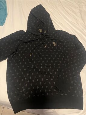 OVO Black Allover Fleur-de-Lis Hoodie with Gold Owl Crest